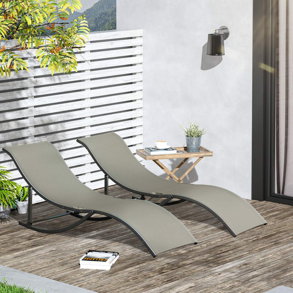Set Of 2 Sun Loungers Garden Loungers Fabric Lounger Relax Lounger Ergonomic Aluminum Textline Light Gray 165 X 61 X 63 Cm