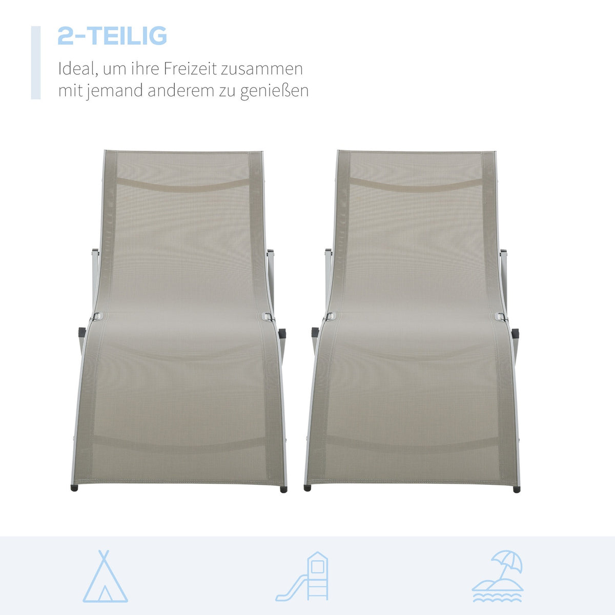 Set Of 2 Sun Loungers Garden Loungers Fabric Lounger Relax Lounger Ergonomic Aluminum Textline Light Gray 165 X 61 X 63 Cm