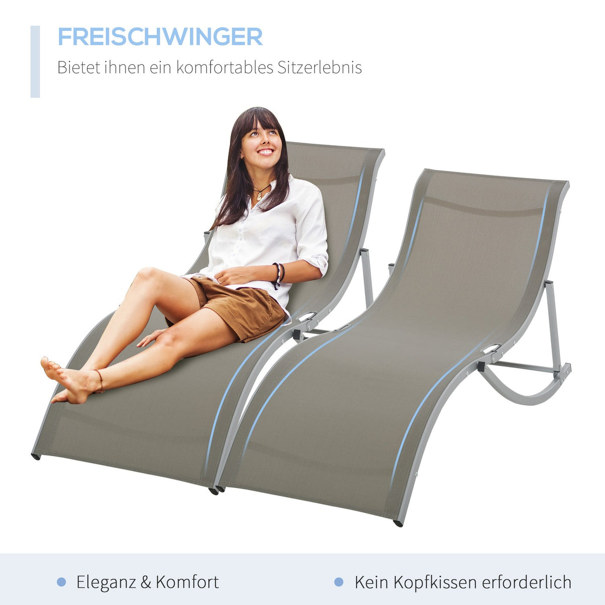 Set Of 2 Sun Loungers Garden Loungers Fabric Lounger Relax Lounger Ergonomic Aluminum Textline Light Gray 165 X 61 X 63 Cm