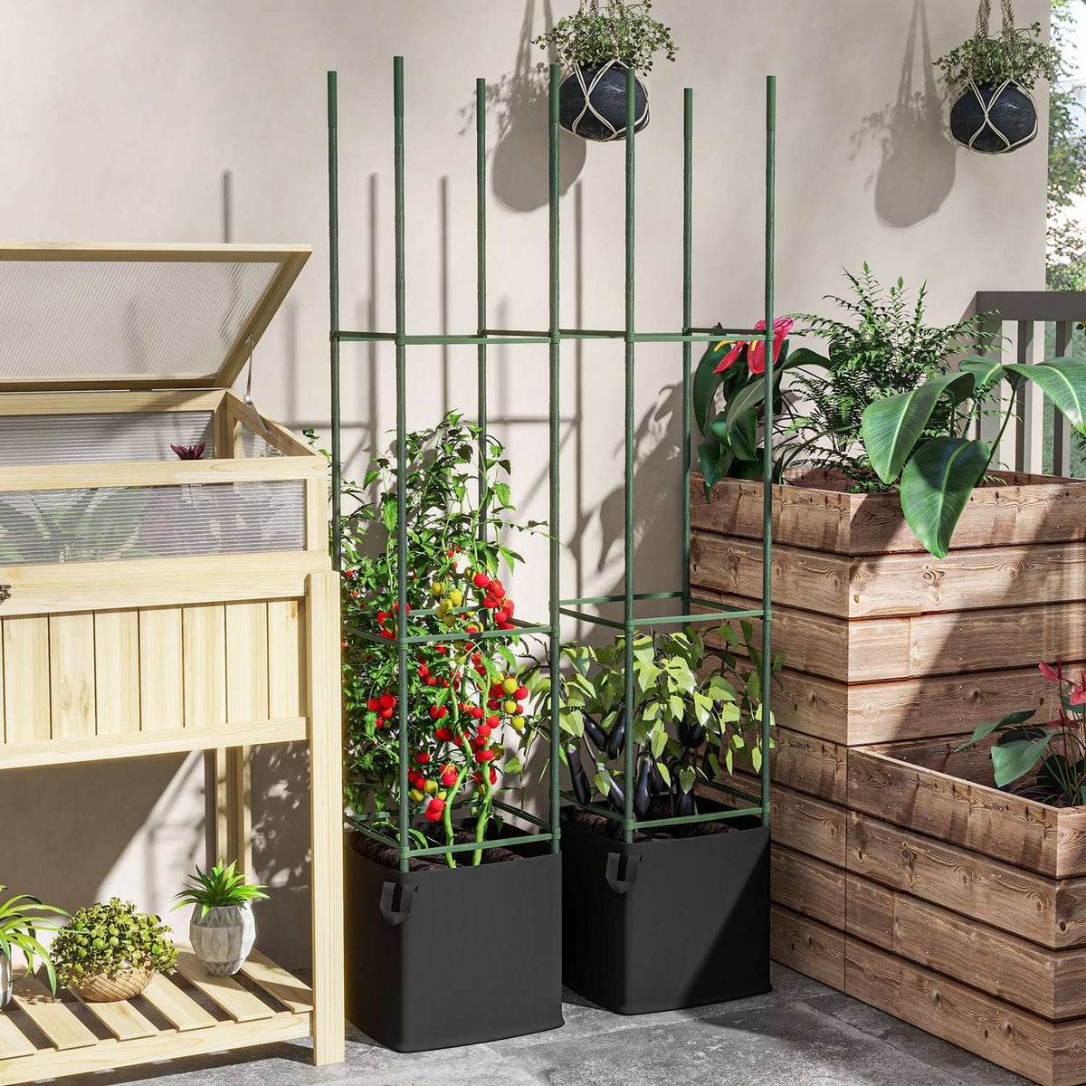 Set Of 2 Trellis With Grow Bag, Flower Trellis, Trellis, Plant Scaffold, Tomato Cage For Climbing Plants, Steel, Green