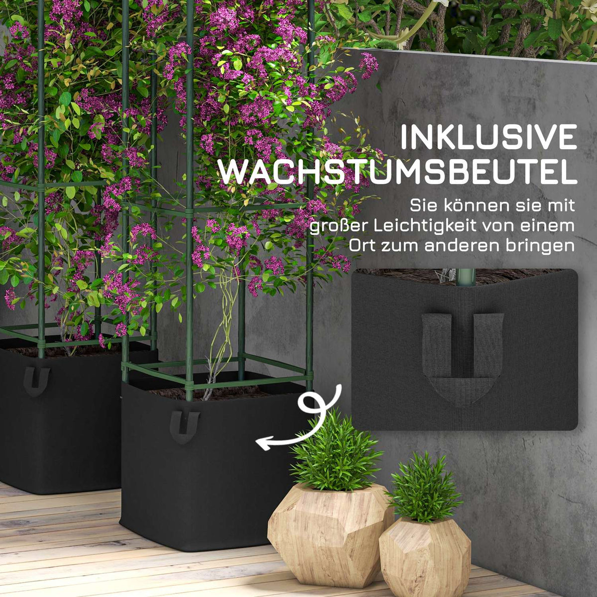 Set Of 2 Trellis With Grow Bag, Flower Trellis, Trellis, Plant Scaffold, Tomato Cage For Climbing Plants, Steel, Green