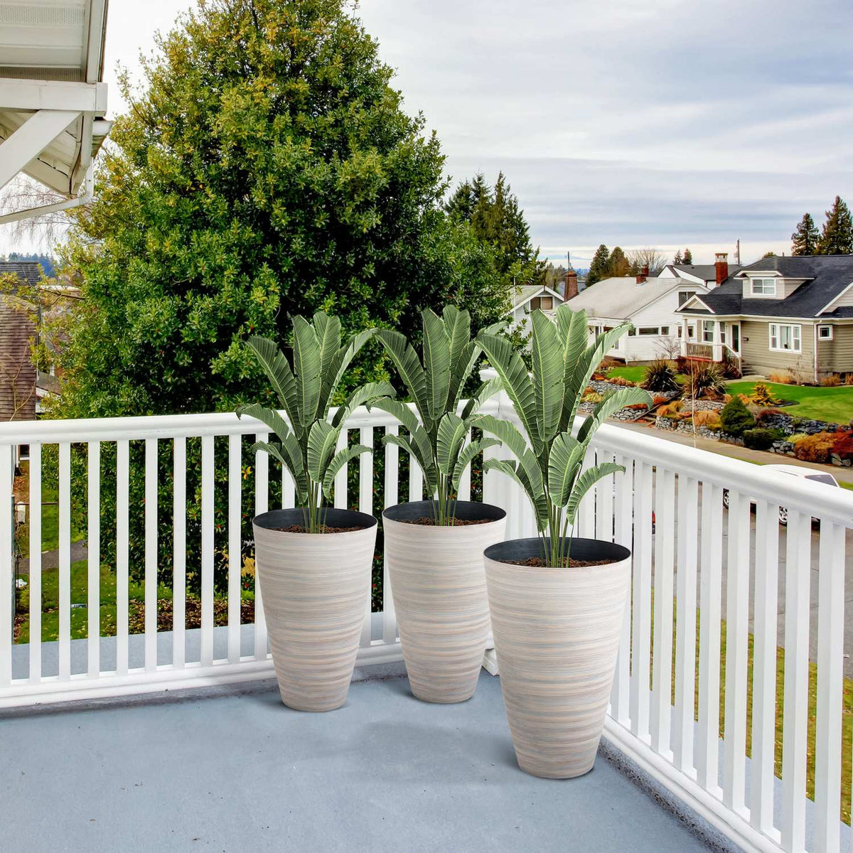Set Of 3 Flower Pots, Flower Pots, Diameter 46.5 Cm, Height 70 Cm, Plant Pots, Flower Pots, Sturdy Plastic, Cream White
