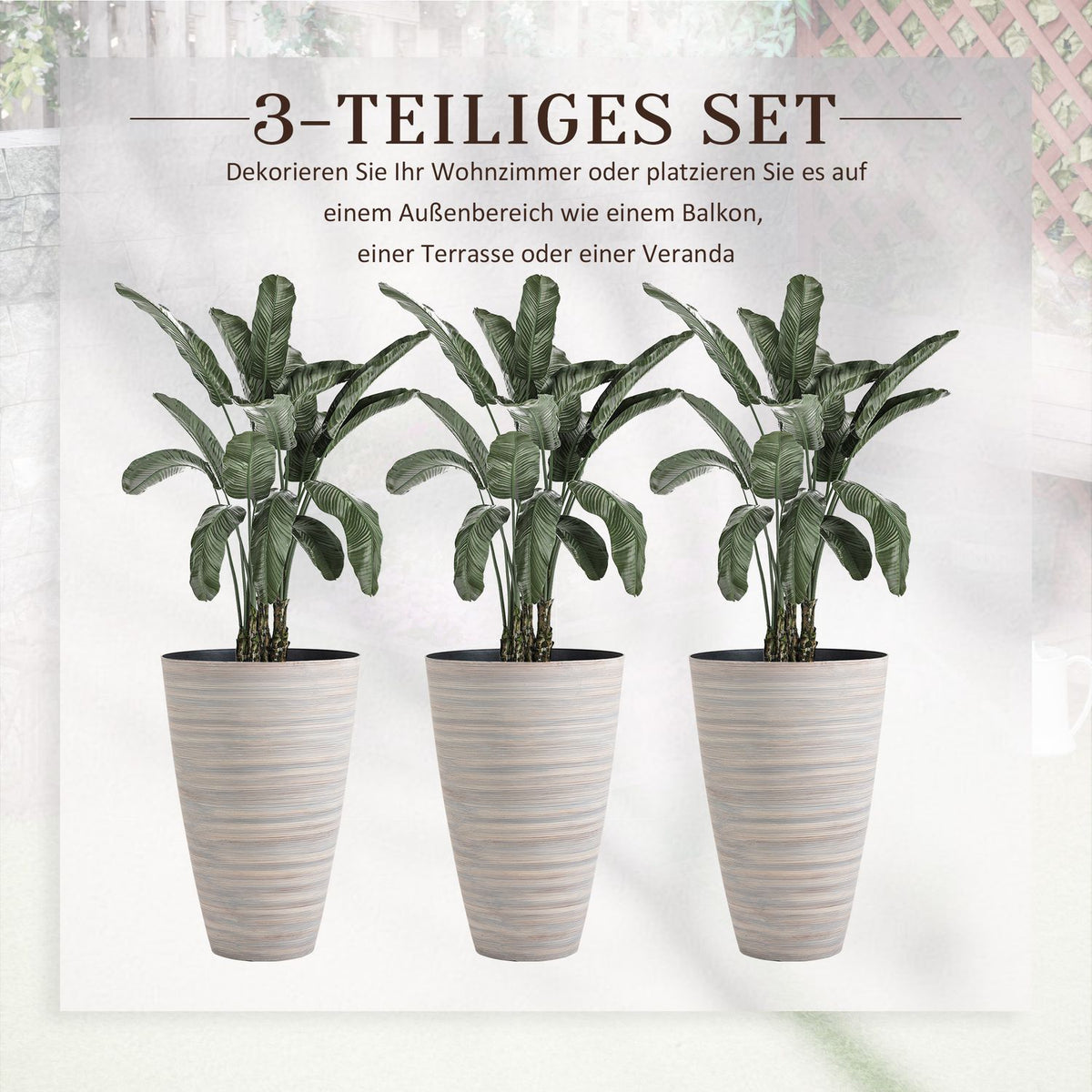 Set Of 3 Flower Pots, Flower Pots, Diameter 46.5 Cm, Height 70 Cm, Plant Pots, Flower Pots, Sturdy Plastic, Cream White