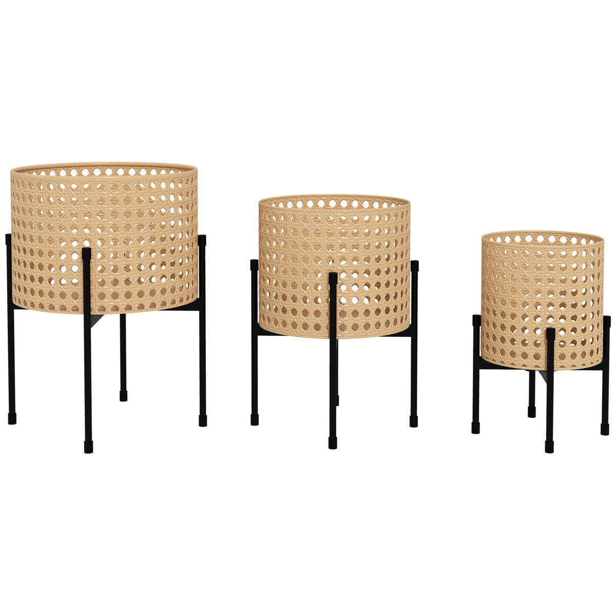 Set Of 3 Plant Stands Flower Stands With Rattan Look, Steel, Gold, For Indoor & Outdoor