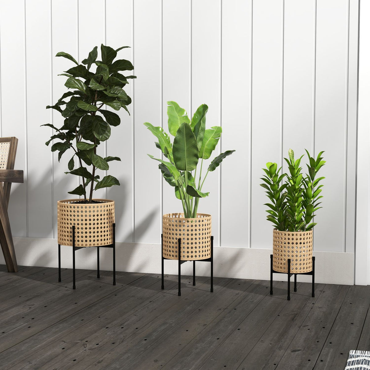 Set Of 3 Plant Stands Flower Stands With Rattan Look, Steel, Gold, For Indoor & Outdoor