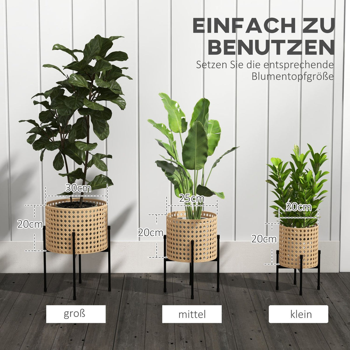 Set Of 3 Plant Stands Flower Stands With Rattan Look, Steel, Gold, For Indoor & Outdoor