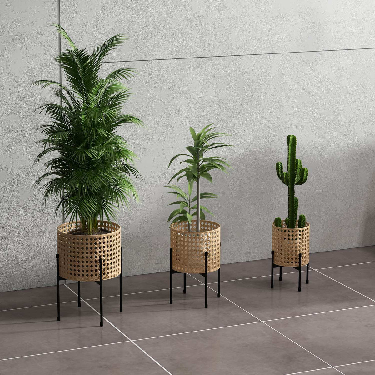 Set Of 3 Plant Stands Flower Stands With Rattan Look, Steel, Gold, For Indoor & Outdoor