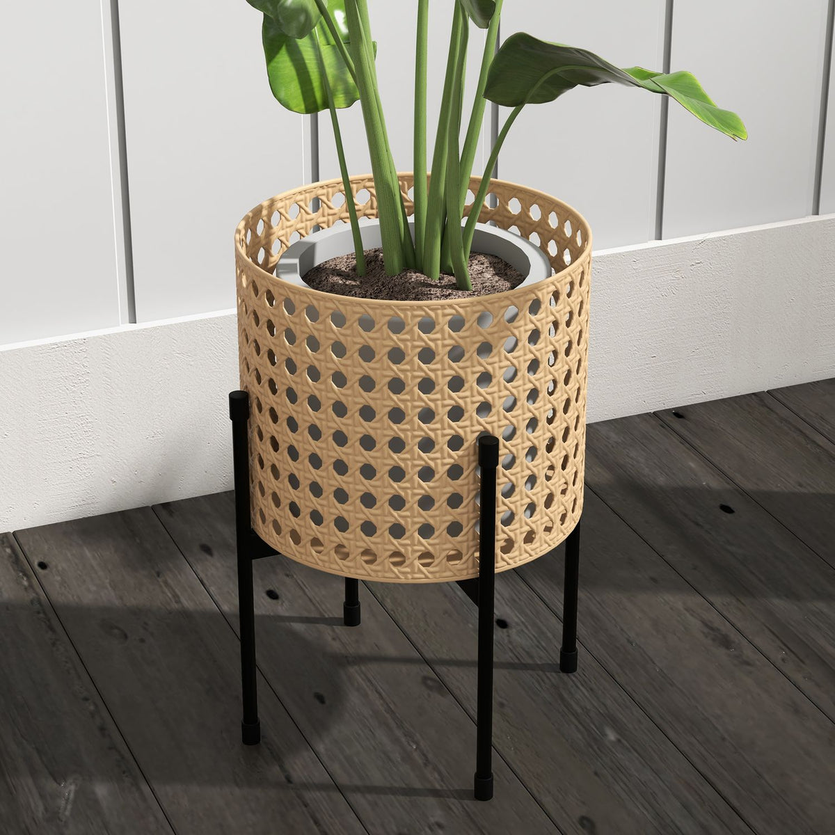 Set Of 3 Plant Stands Flower Stands With Rattan Look, Steel, Gold, For Indoor & Outdoor