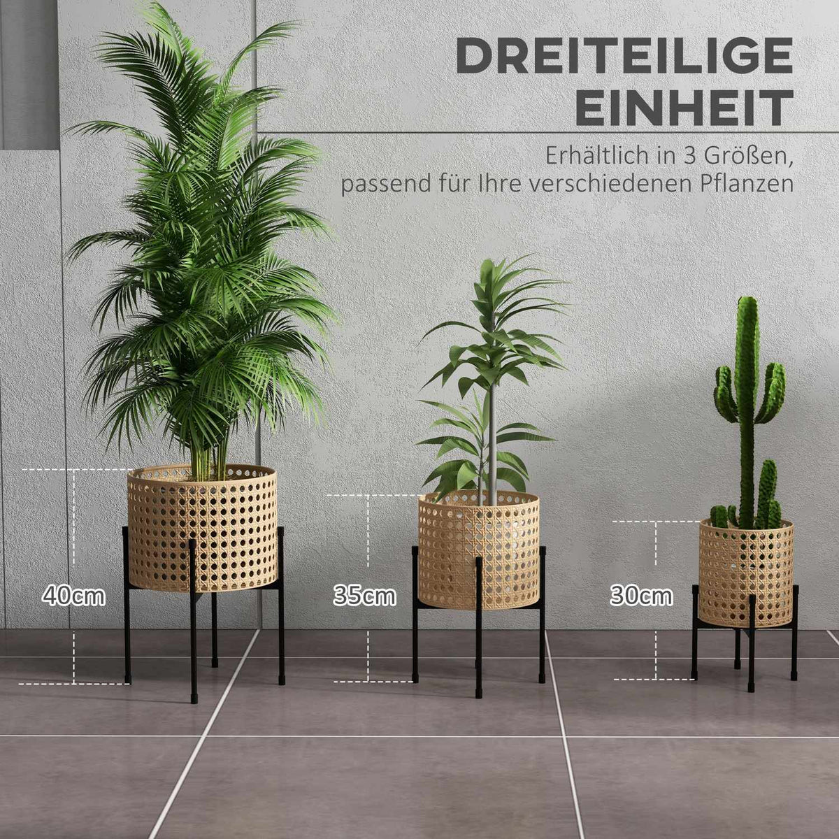 Set Of 3 Plant Stands Flower Stands With Rattan Look, Steel, Gold, For Indoor & Outdoor