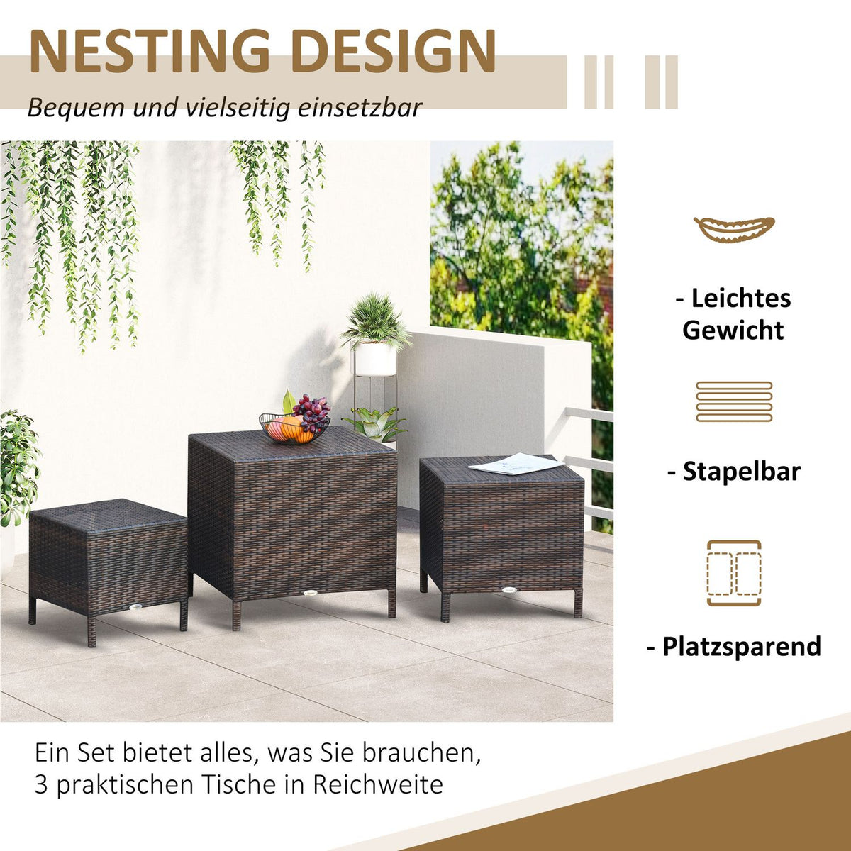 Set Of 3 Side Tables Polyrattan Coffee Tables Brown 40X40X40/50X50X50/60X60X60Cm