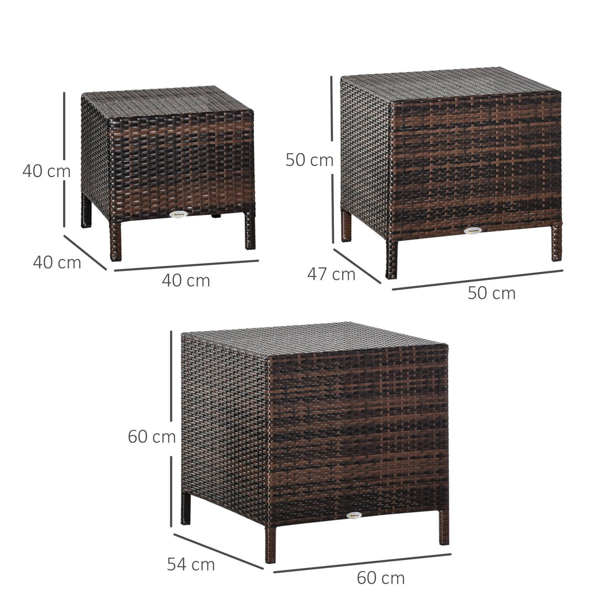 Set Of 3 Side Tables Polyrattan Coffee Tables Brown 40X40X40/50X50X50/60X60X60Cm