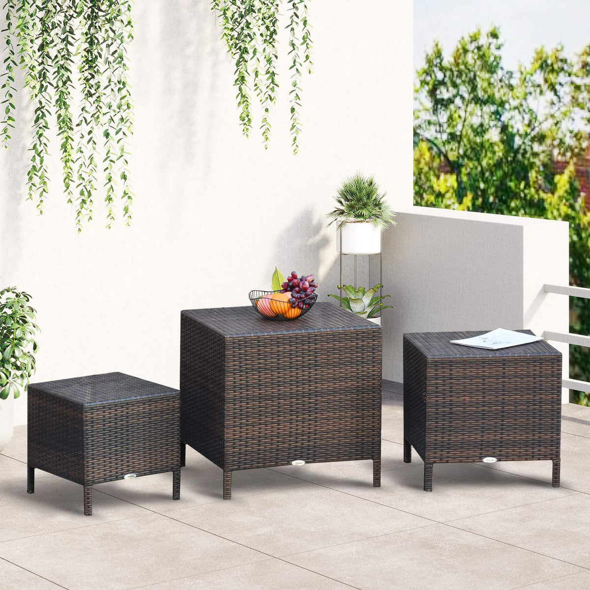 Set Of 3 Side Tables Polyrattan Coffee Tables Brown 40X40X40/50X50X50/60X60X60Cm