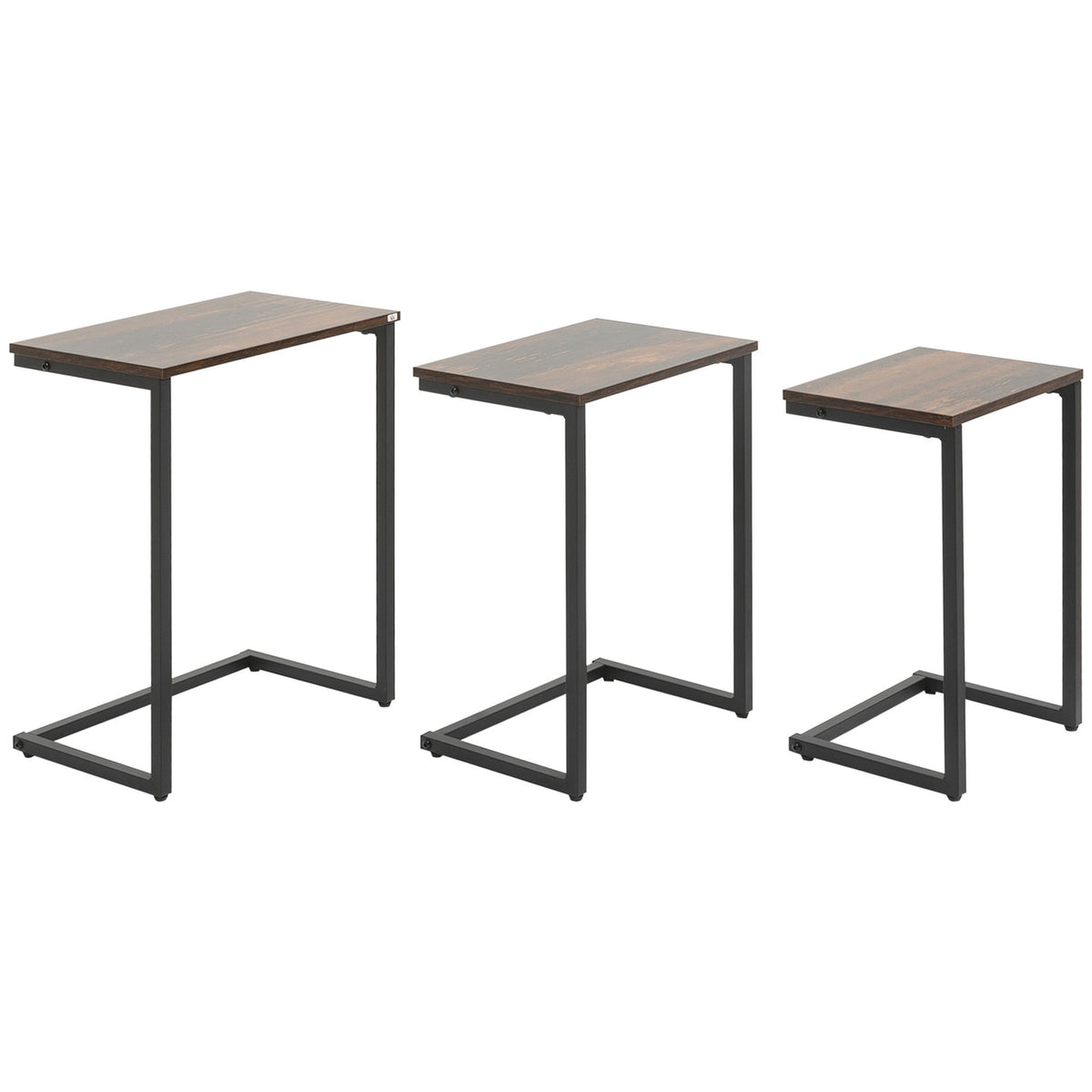 Set Of 3 Side Tables Space Saving C-Shaped Industrial Design Steel Frame For Living Room Rustic Brown