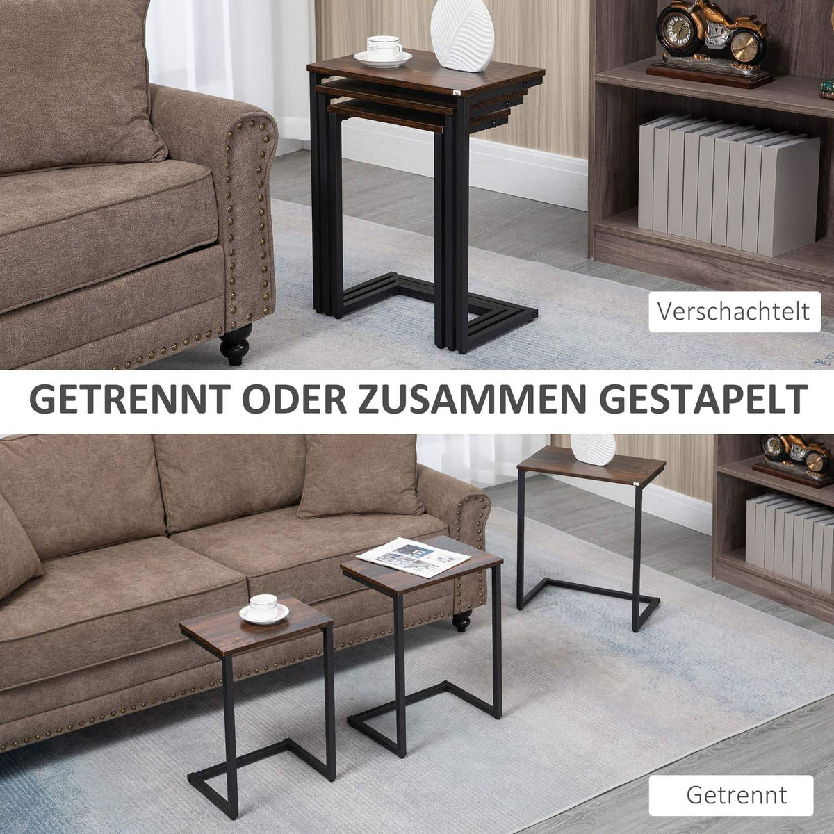 Set Of 3 Side Tables Space Saving C-Shaped Industrial Design Steel Frame For Living Room Rustic Brown