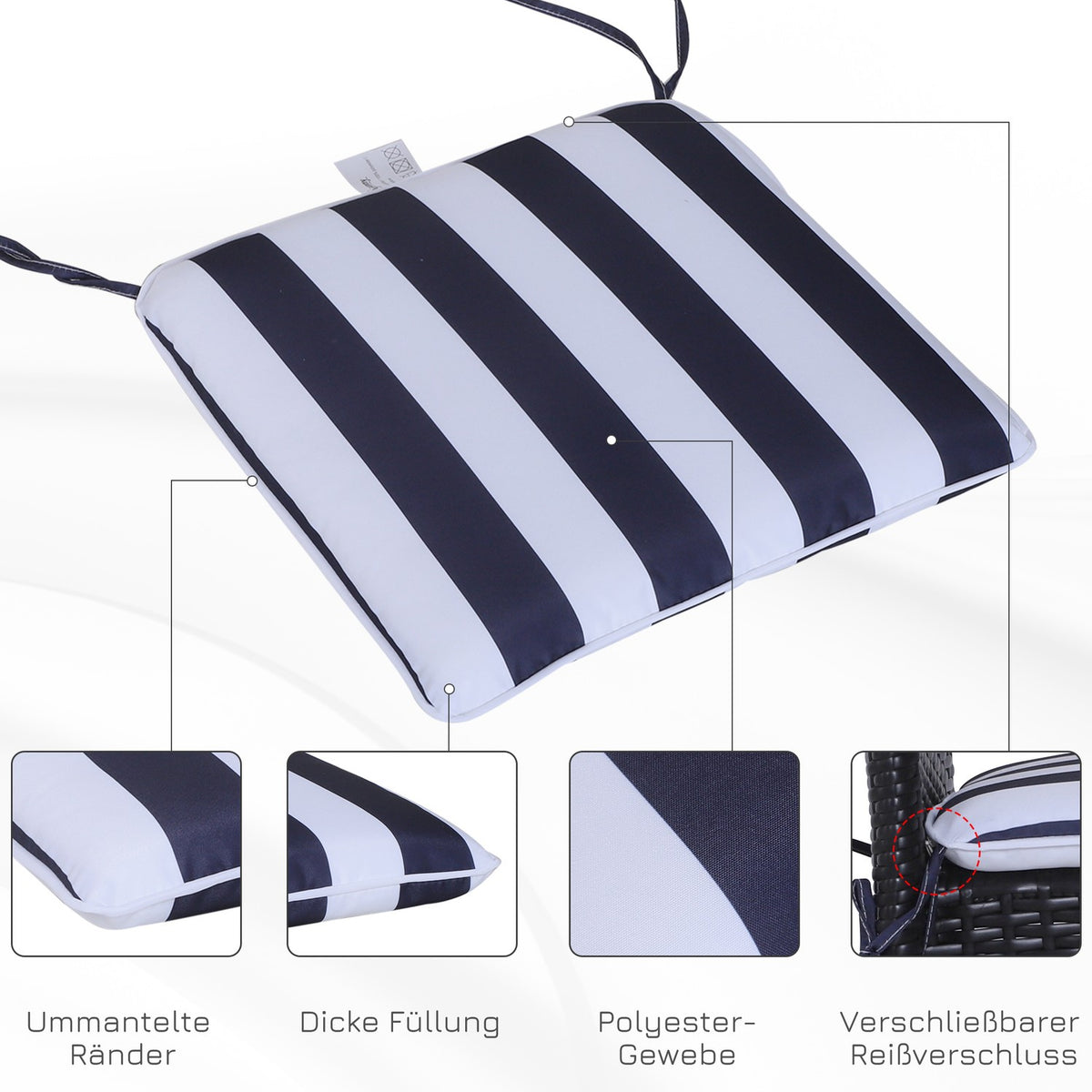 Set Of 6 Seat Cushions Chair Cushions Floor Cushions Polyester + Cotton Fiber Blue + White 42X42X5 Cm