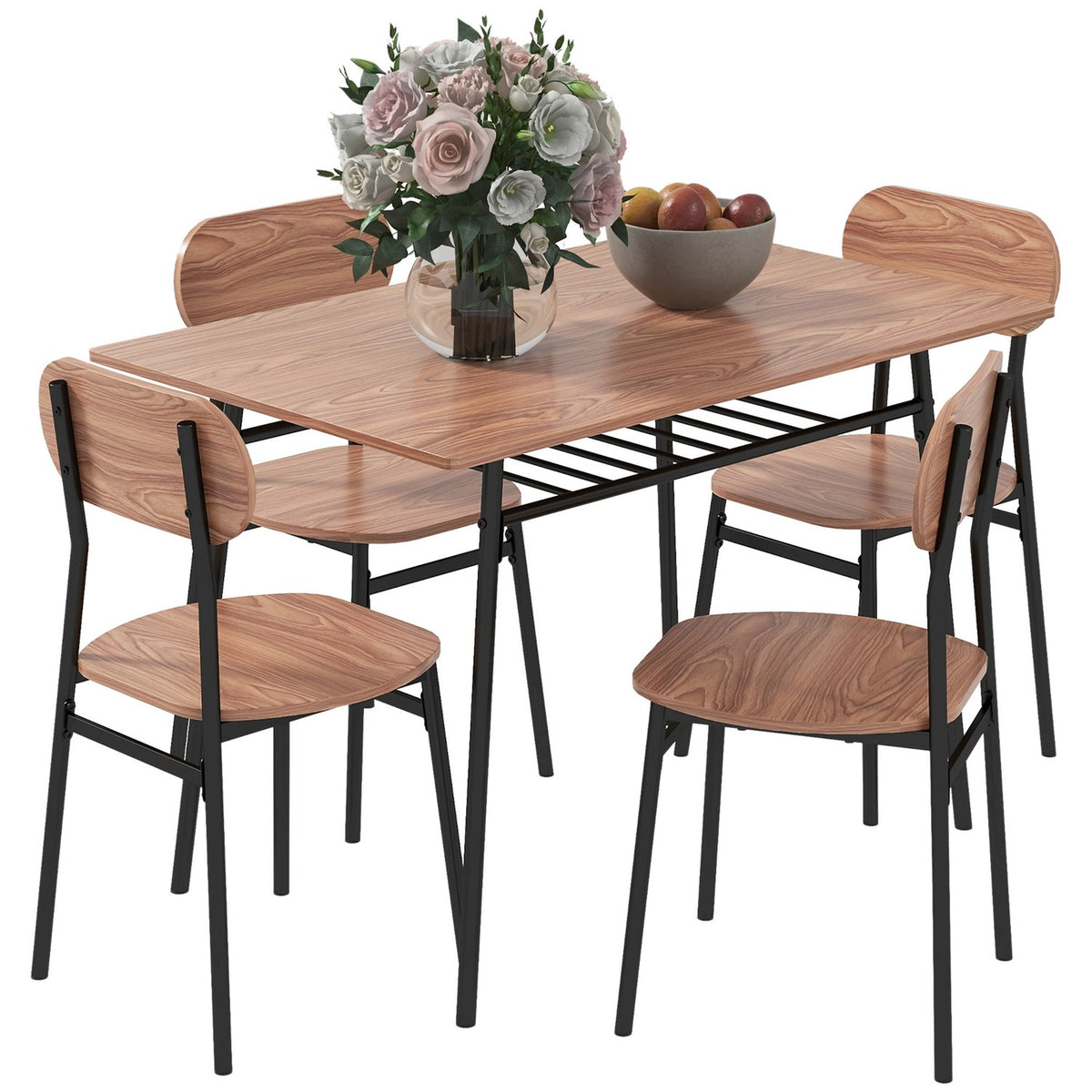Set Of Dining Table And 4 Chairs, Kitchen Table With Shelf, Teak, Steel, Dining Room Furniture