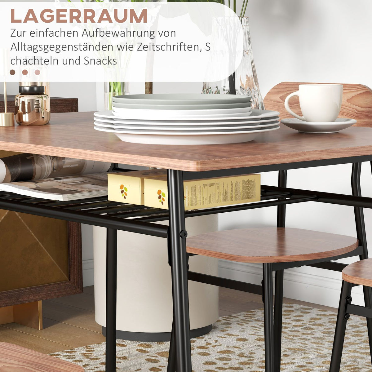 Set Of Dining Table And 4 Chairs, Kitchen Table With Shelf, Teak, Steel, Dining Room Furniture