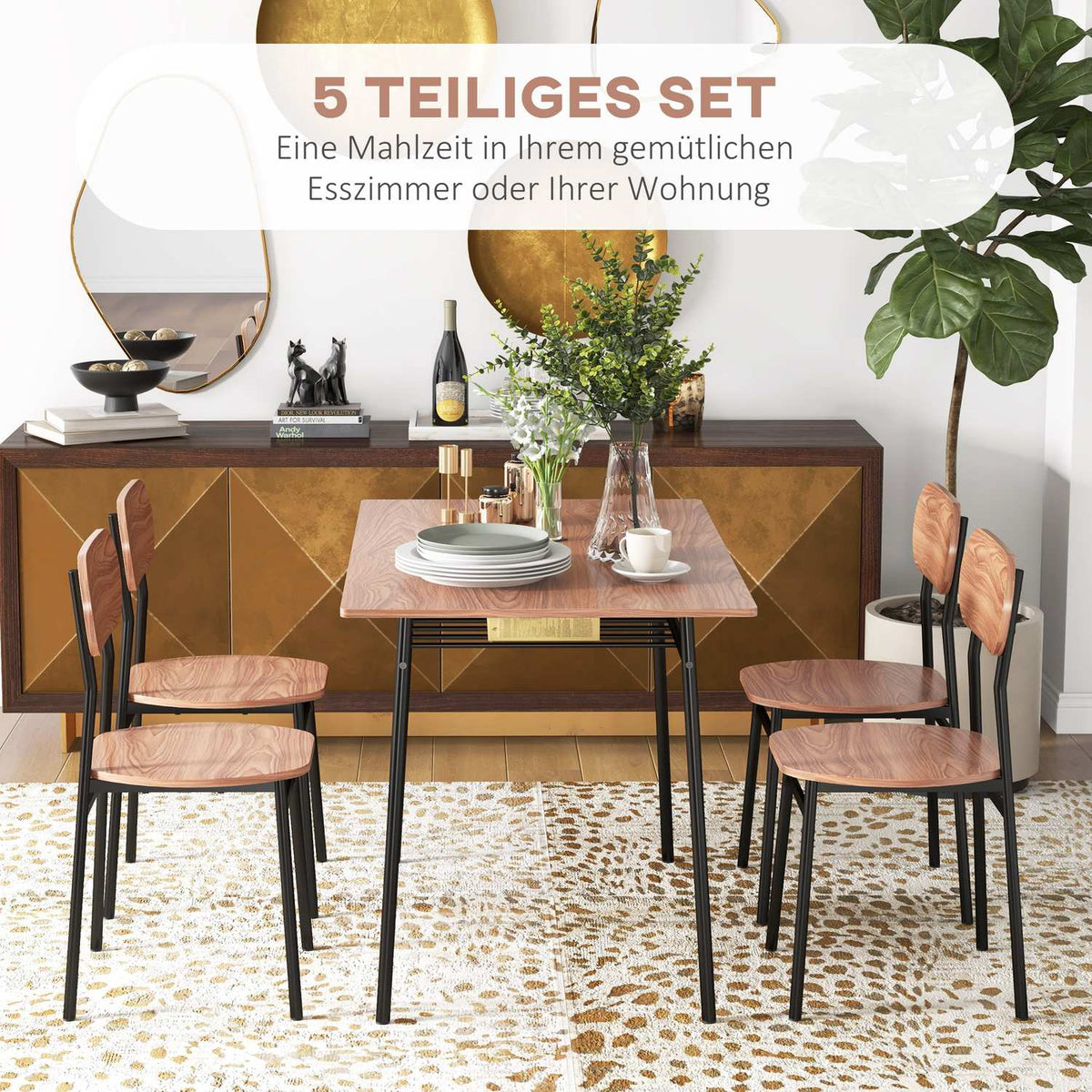 Set Of Dining Table And 4 Chairs, Kitchen Table With Shelf, Teak, Steel, Dining Room Furniture