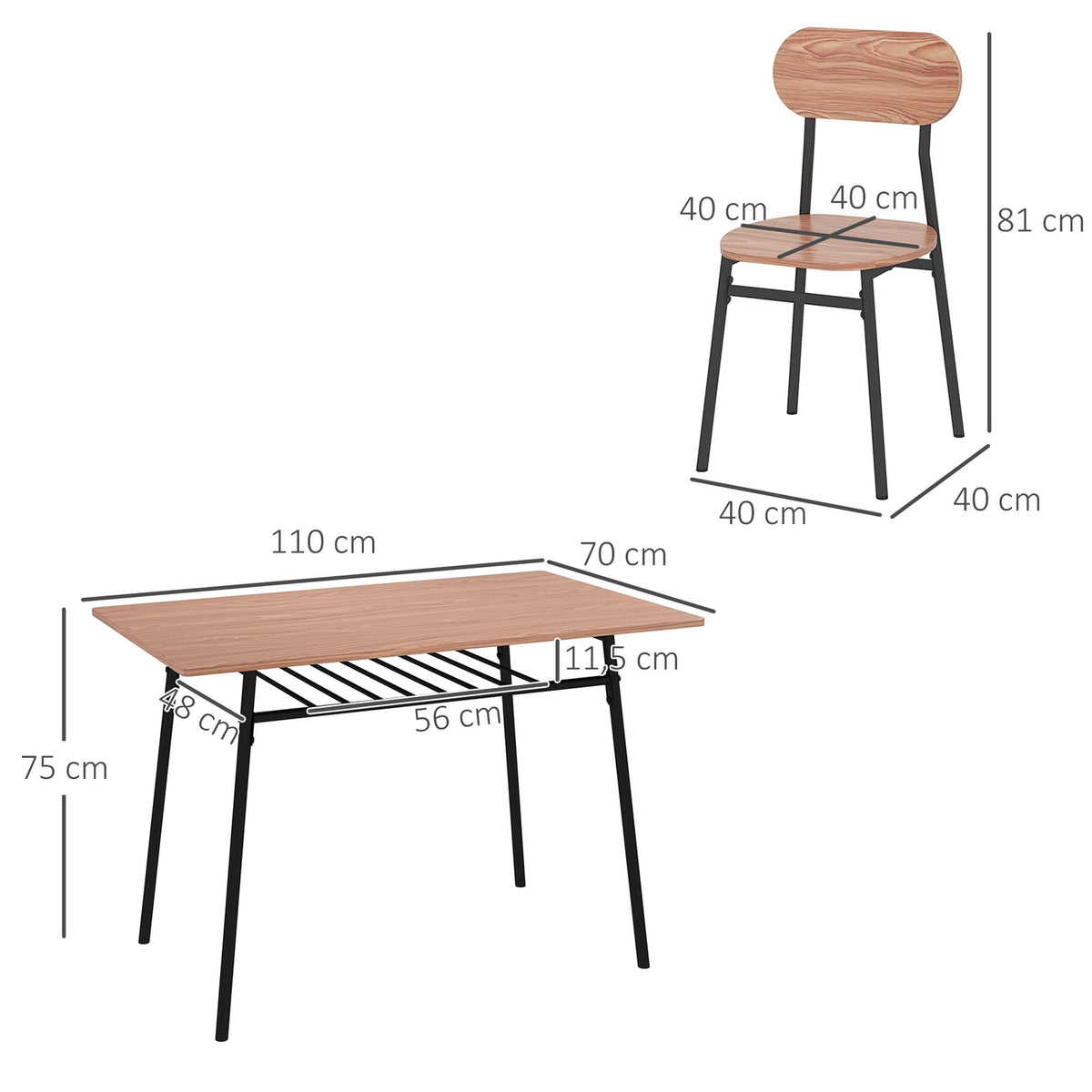 Set Of Dining Table And 4 Chairs, Kitchen Table With Shelf, Teak, Steel, Dining Room Furniture