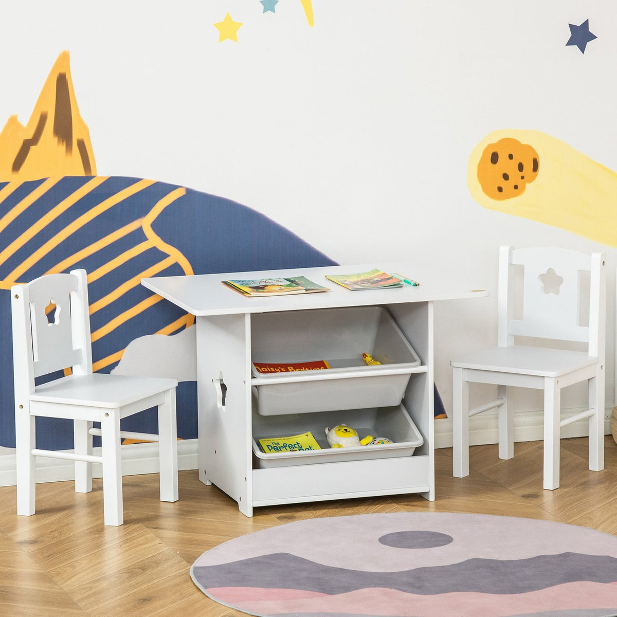 Set With 1 Children'S Table & 2 Chairs, Mdf, For Toddlers, White + Gray, 71X48X49.5Cm