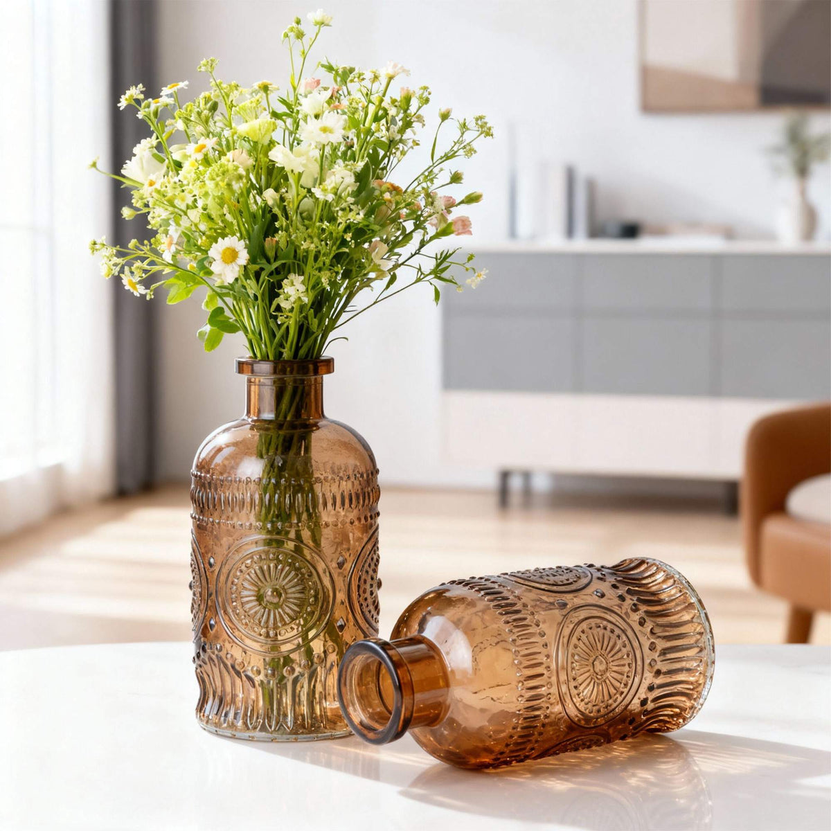 Set of 12 Small Glass Vases with Embossed Design