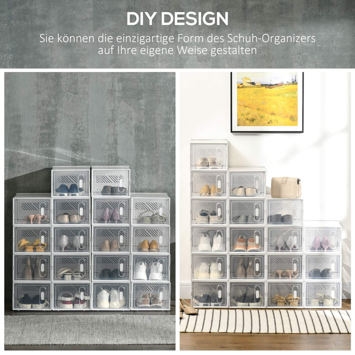 Set of 18 modular shoe storage boxes with transparent doors - dimensions 25L x 35W x 19H cm