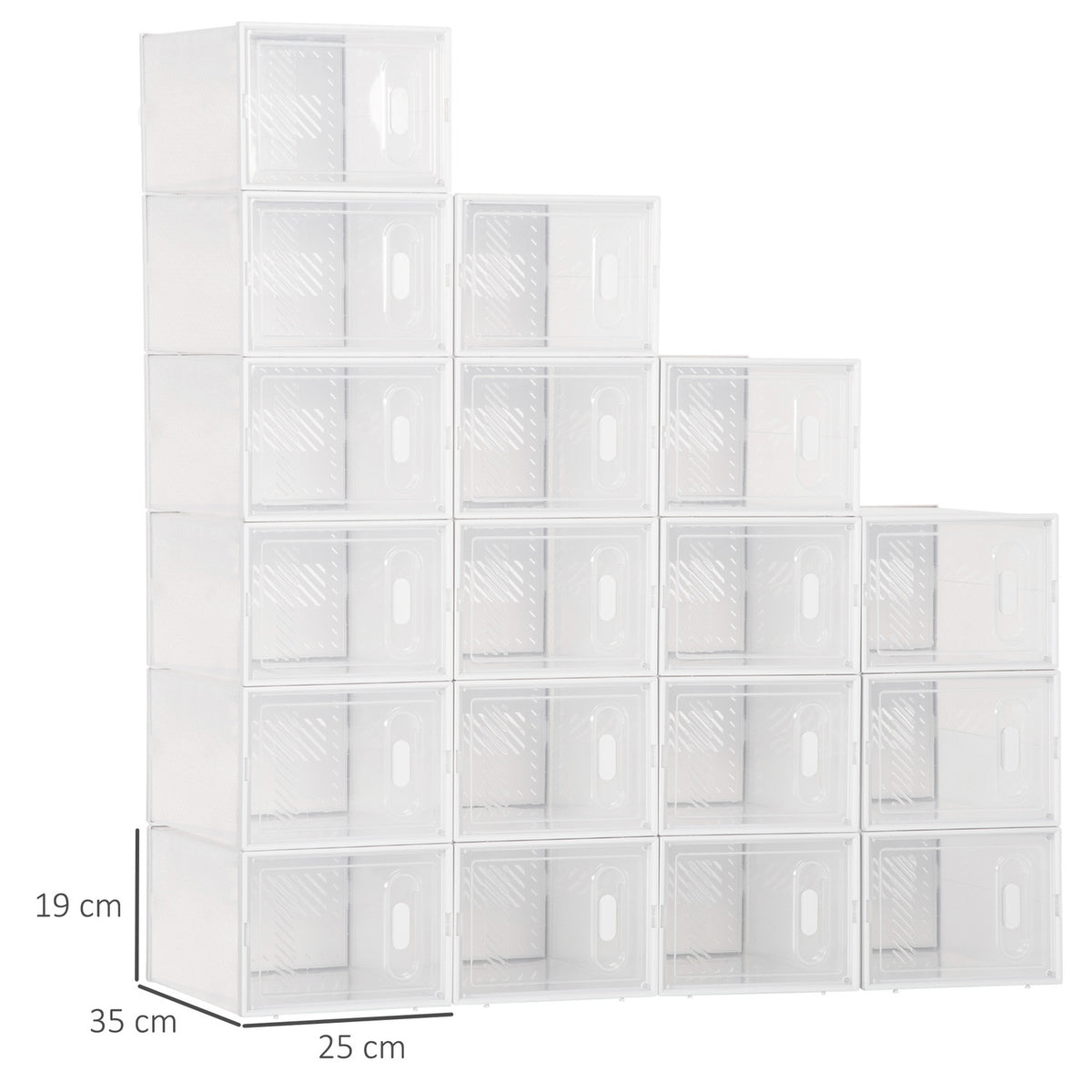 Set of 18 modular shoe storage boxes with transparent doors - dimensions 25L x 35W x 19H cm