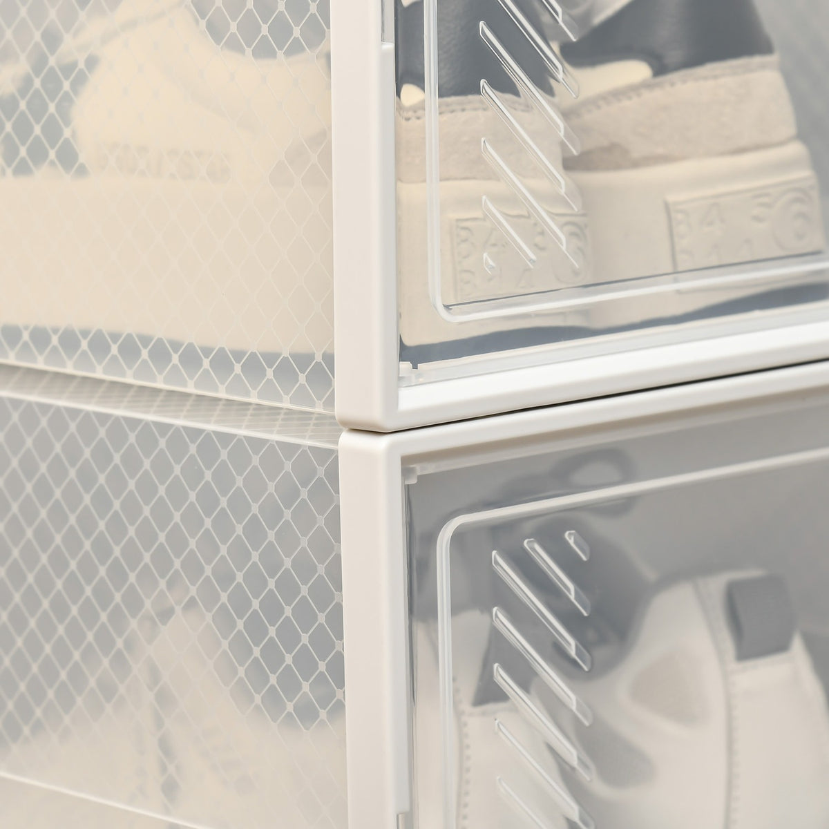 Set of 18 modular shoe storage boxes with transparent doors - dimensions 25L x 35W x 19H cm