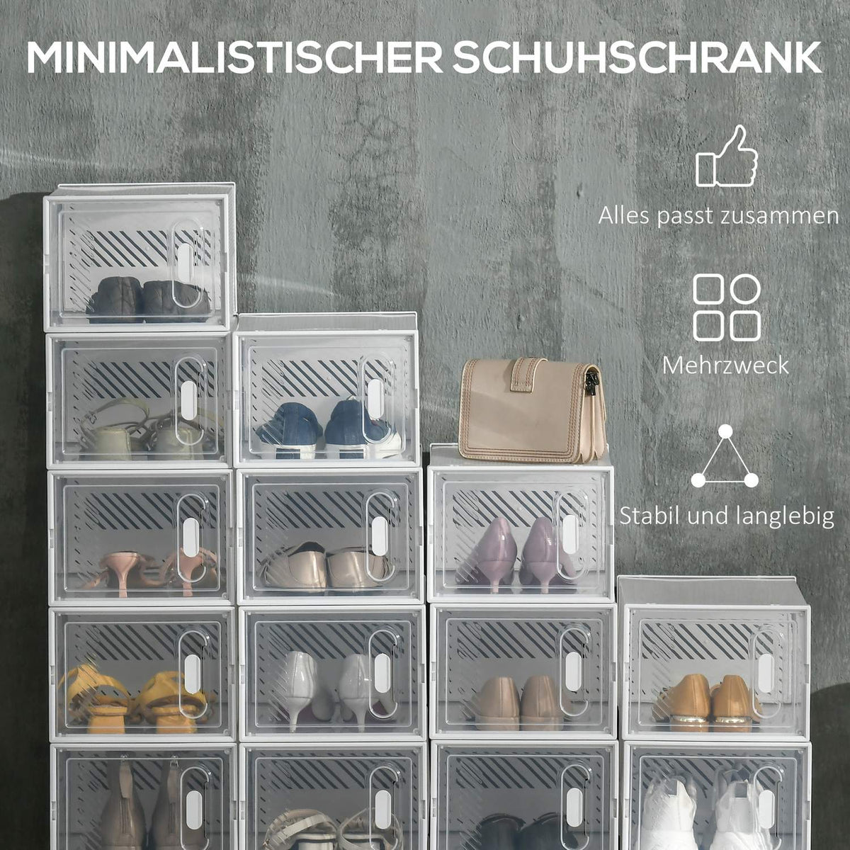 Set of 18 modular shoe storage boxes with transparent doors - dimensions 25L x 35W x 19H cm
