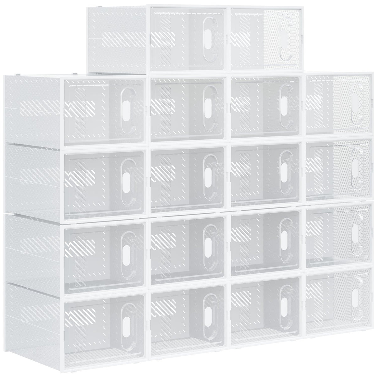 Set of 18 shoe boxes, shoe organizer with magnetic doors, shoe box with lid, plastic shoe storage, for shoes up to size 45, transparent + white