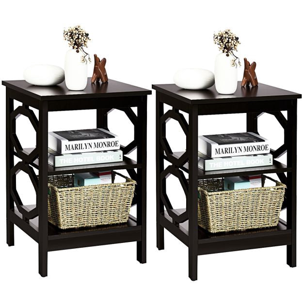 Set of 2 3-Tier Nightstands, Open Shelf, Espresso