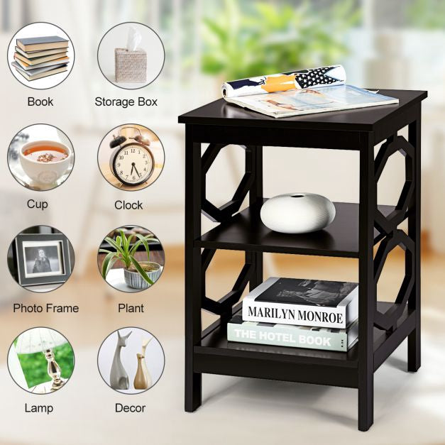 Set of 2 3-Tier Nightstands, Open Shelf, Espresso
