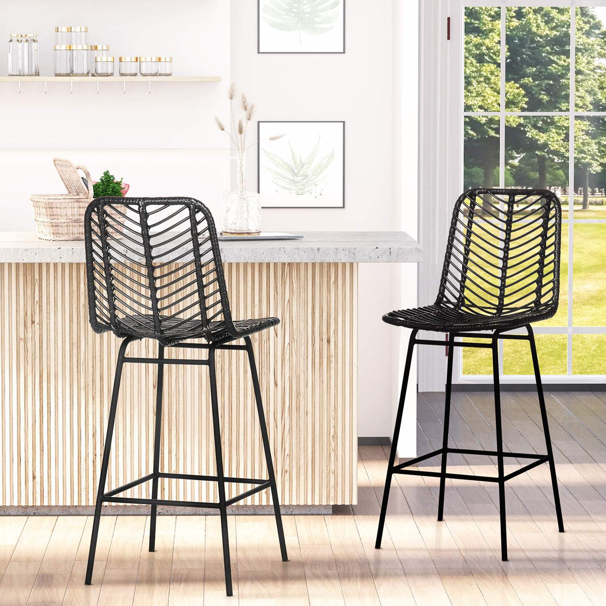 Set of 2 Bar Stools, Bistro Stools with Footrest, Bar Chair, Kitchen Chair with Steel Legs for Living Room, Dining Room, Black, 42.5 x 52 x 102 cm
