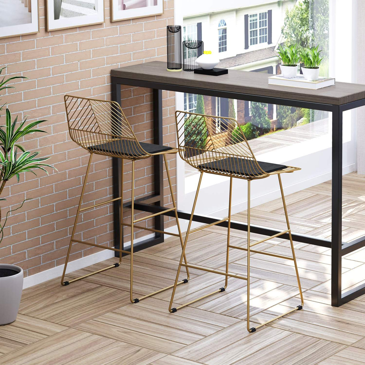 Set of 2 Bar Stools, Bistro Stools with Footrest, Bar Chair, Kitchen Chair with Steel Legs for Living Room, Dining Room, Gold, 46 x 56 x 95 cm