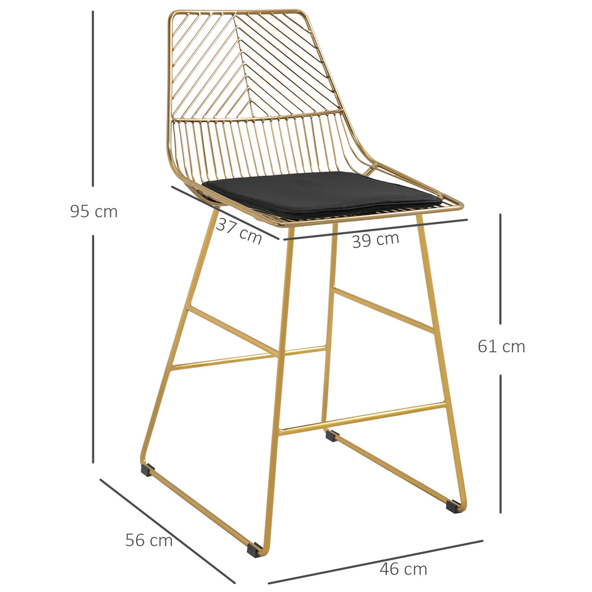 Set of 2 Bar Stools, Bistro Stools with Footrest, Bar Chair, Kitchen Chair with Steel Legs for Living Room, Dining Room, Gold, 46 x 56 x 95 cm