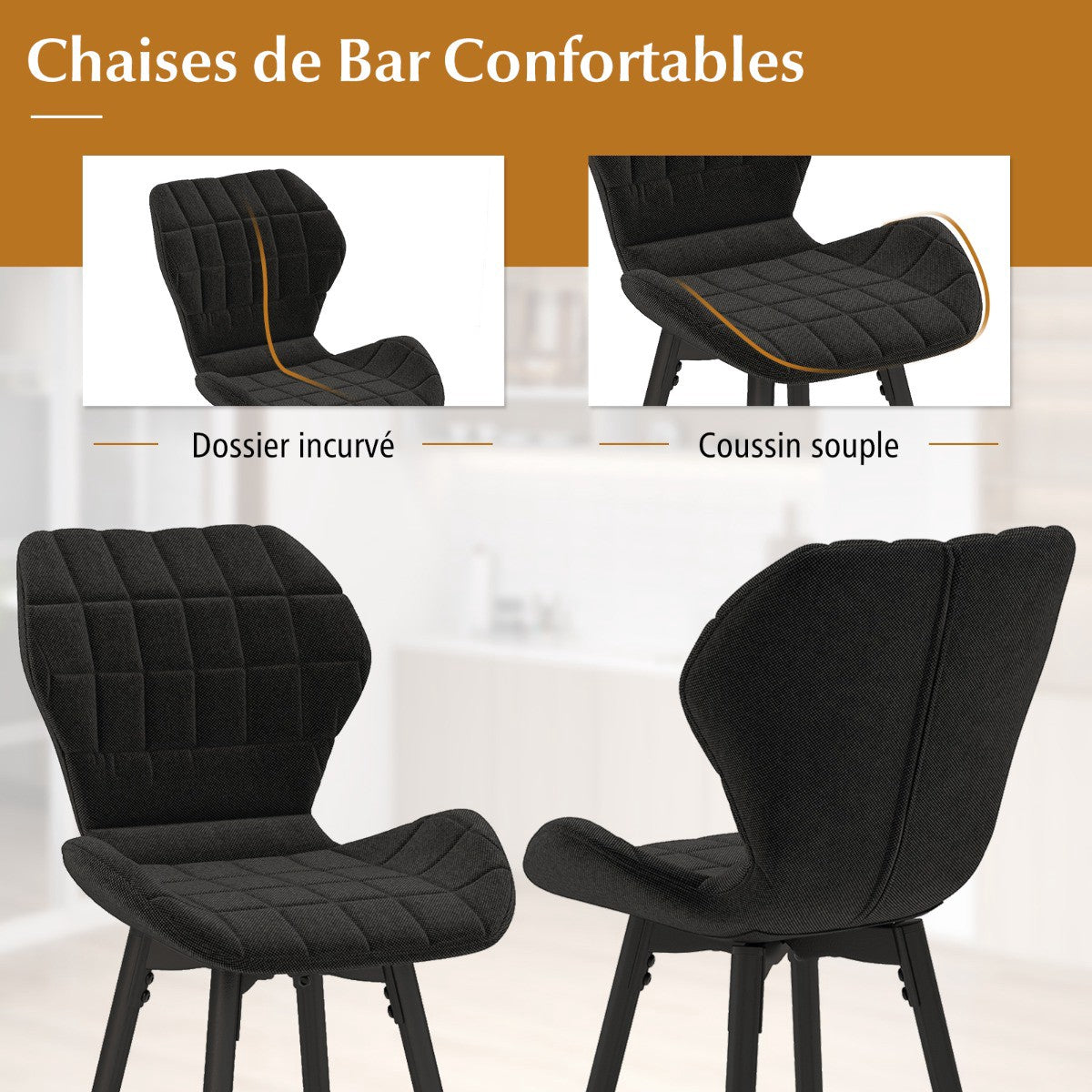 Set of 2 Bar Stools With Backrest, Footrest, Padded Seat
