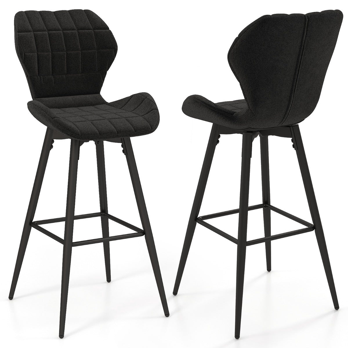 Set of 2 Bar Stools With Backrest, Footrest, Padded Seat