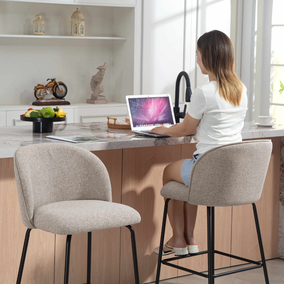 Set of 2 Bar Stools with Backrest and Footrest, Light Grey
