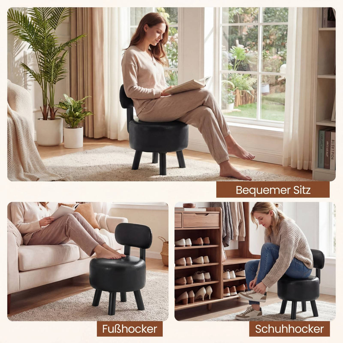 Set of 2 Black Faux Leather Stools with Backrest, 150kg Capacity