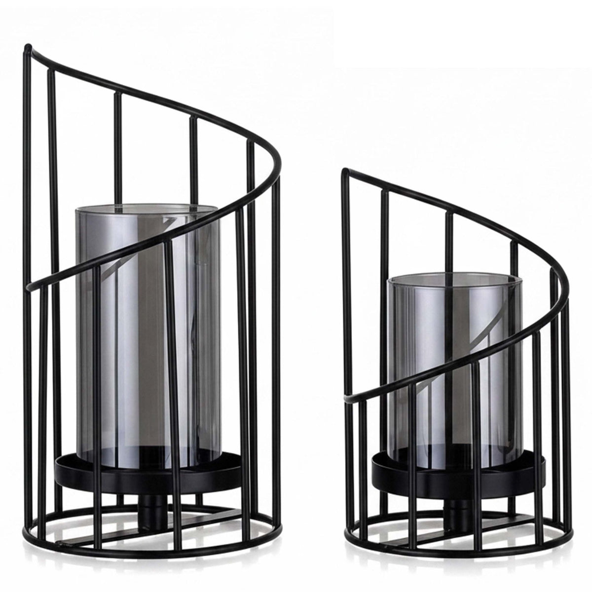 Set of 2 Black Iron Glass Lanterns for Candles