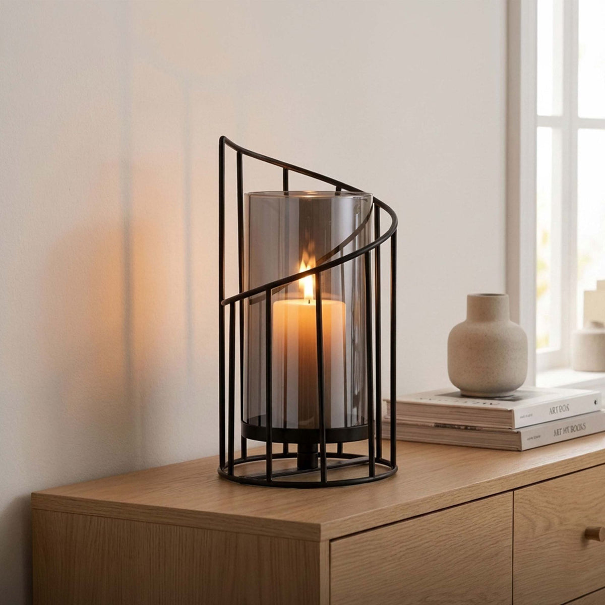 Set of 2 Black Iron Glass Lanterns for Candles