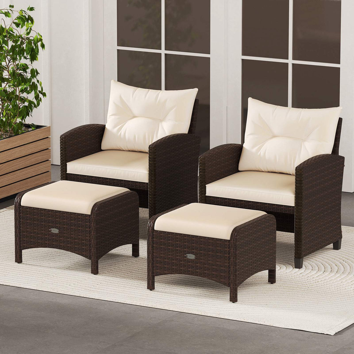 Set of 2 Brown Rattan Pouf Stools with Cushions