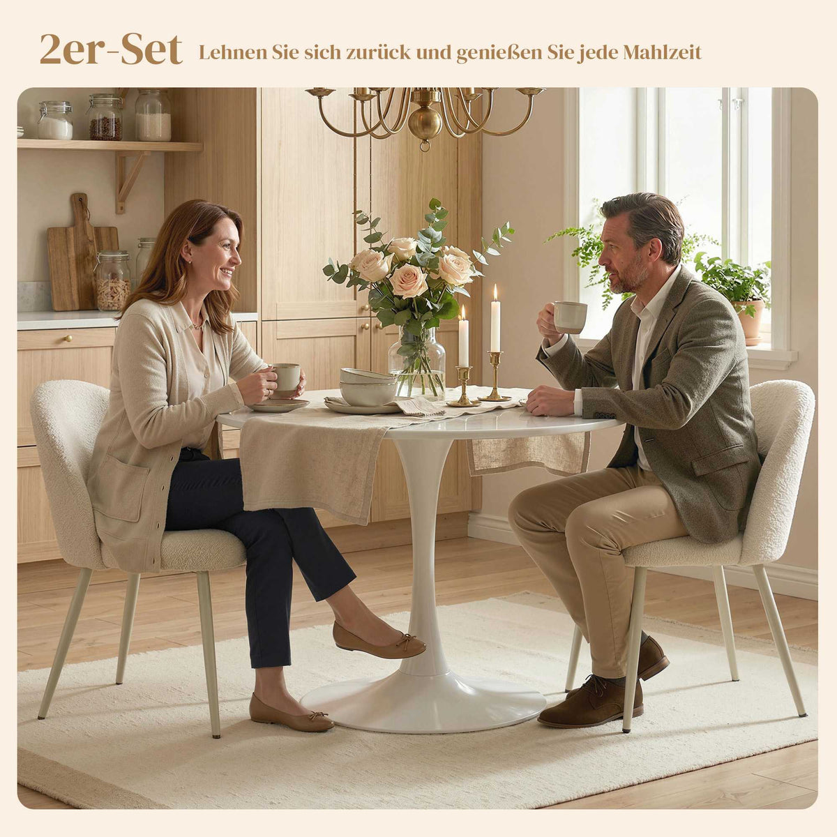 Set of 2 Cream Dining Chairs, Chenille Upholstery, 120kg Capacity