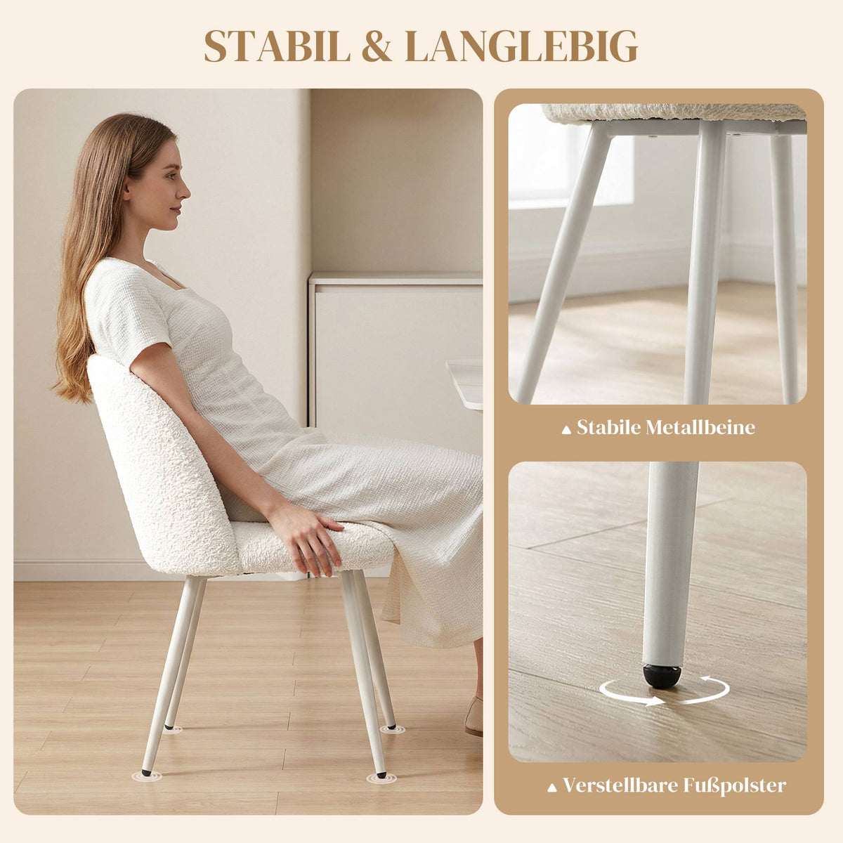 Set of 2 Cream Dining Chairs, Chenille Upholstery, 120kg Capacity
