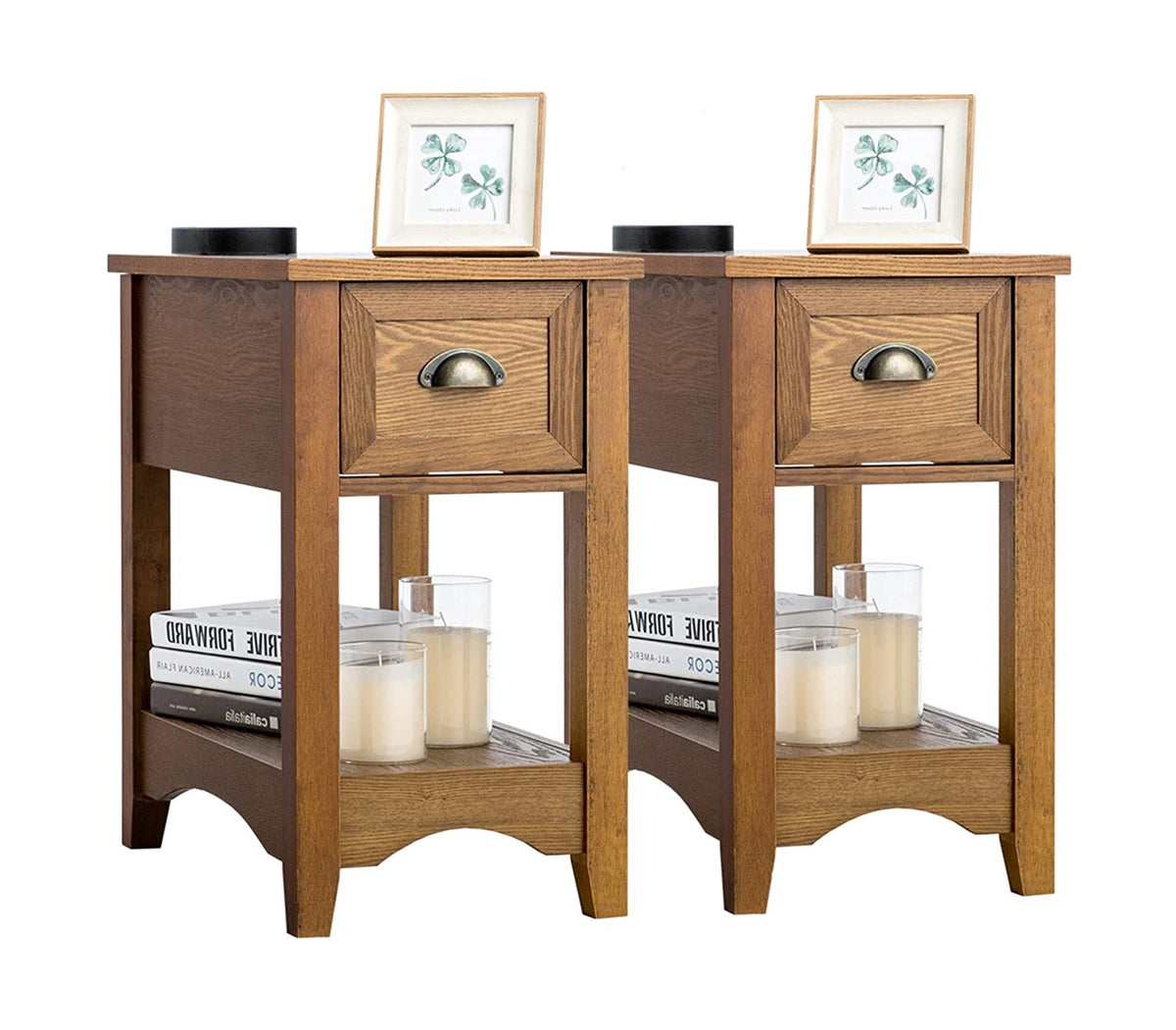 Set of 2 End Tables With Drawer and Shelf, Walnut