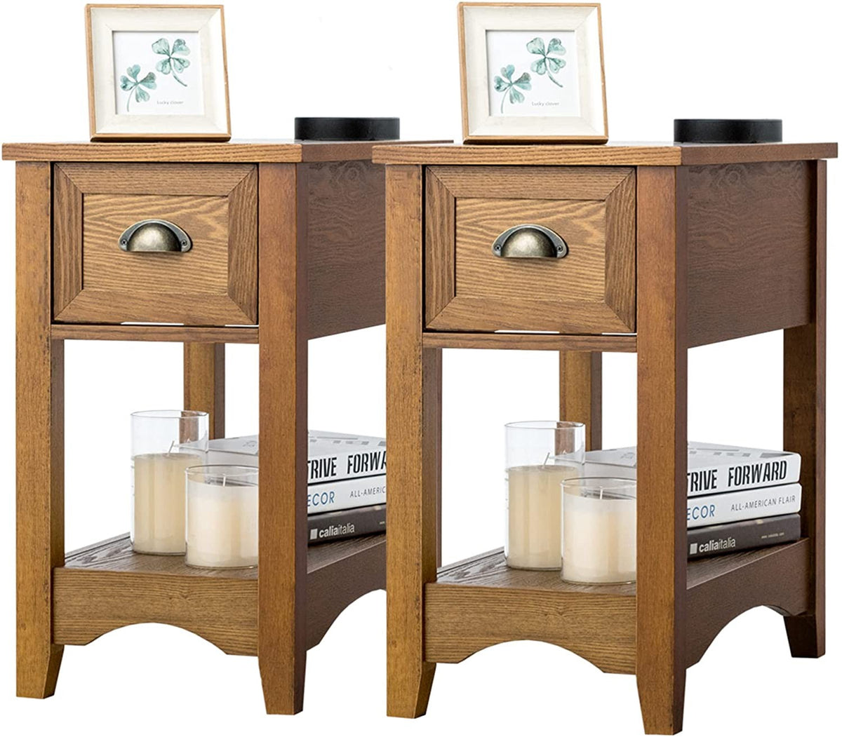 Set of 2 End Tables With Drawer and Shelf, Walnut