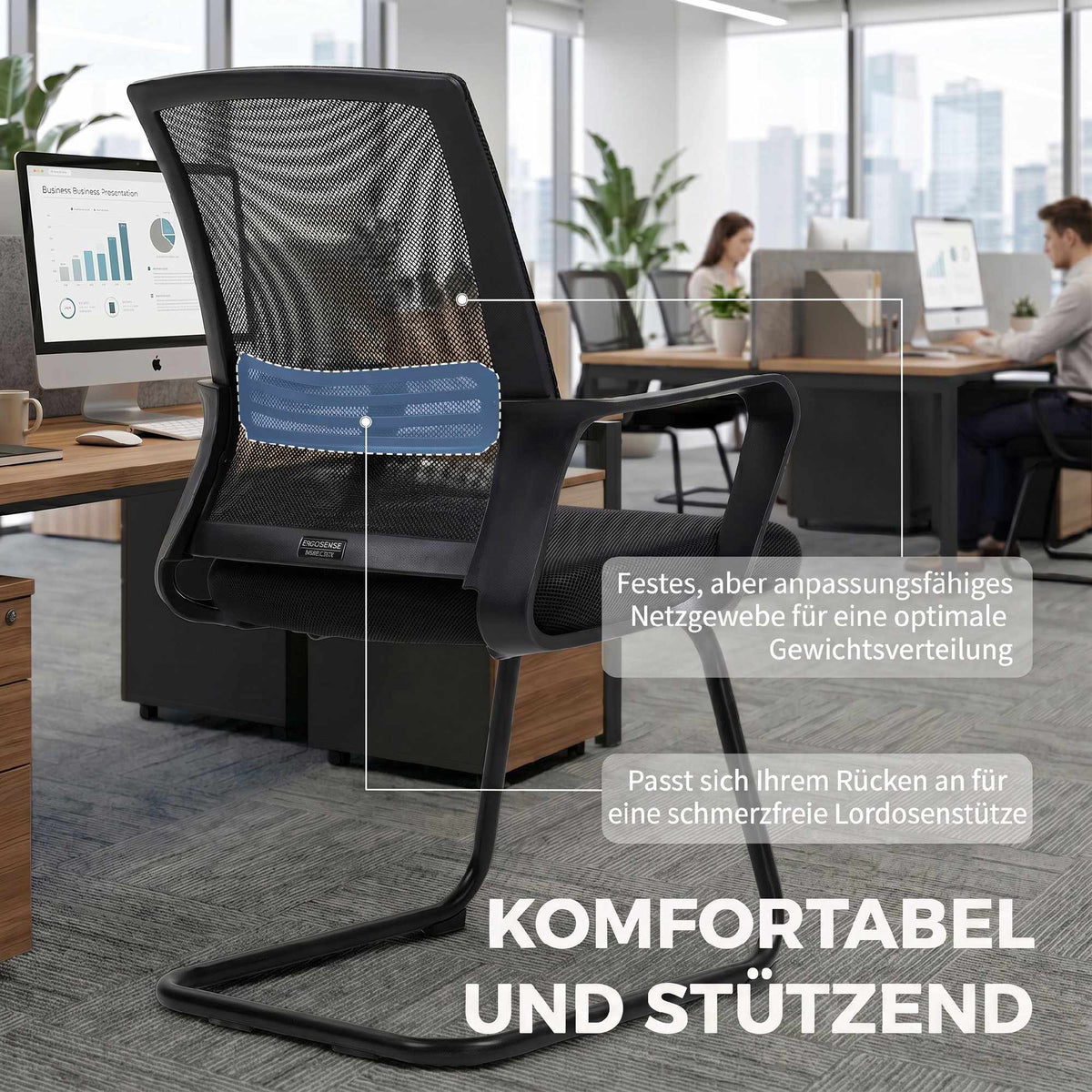 Set of 2 Ergonomic Black Conference Chairs with Sled Base