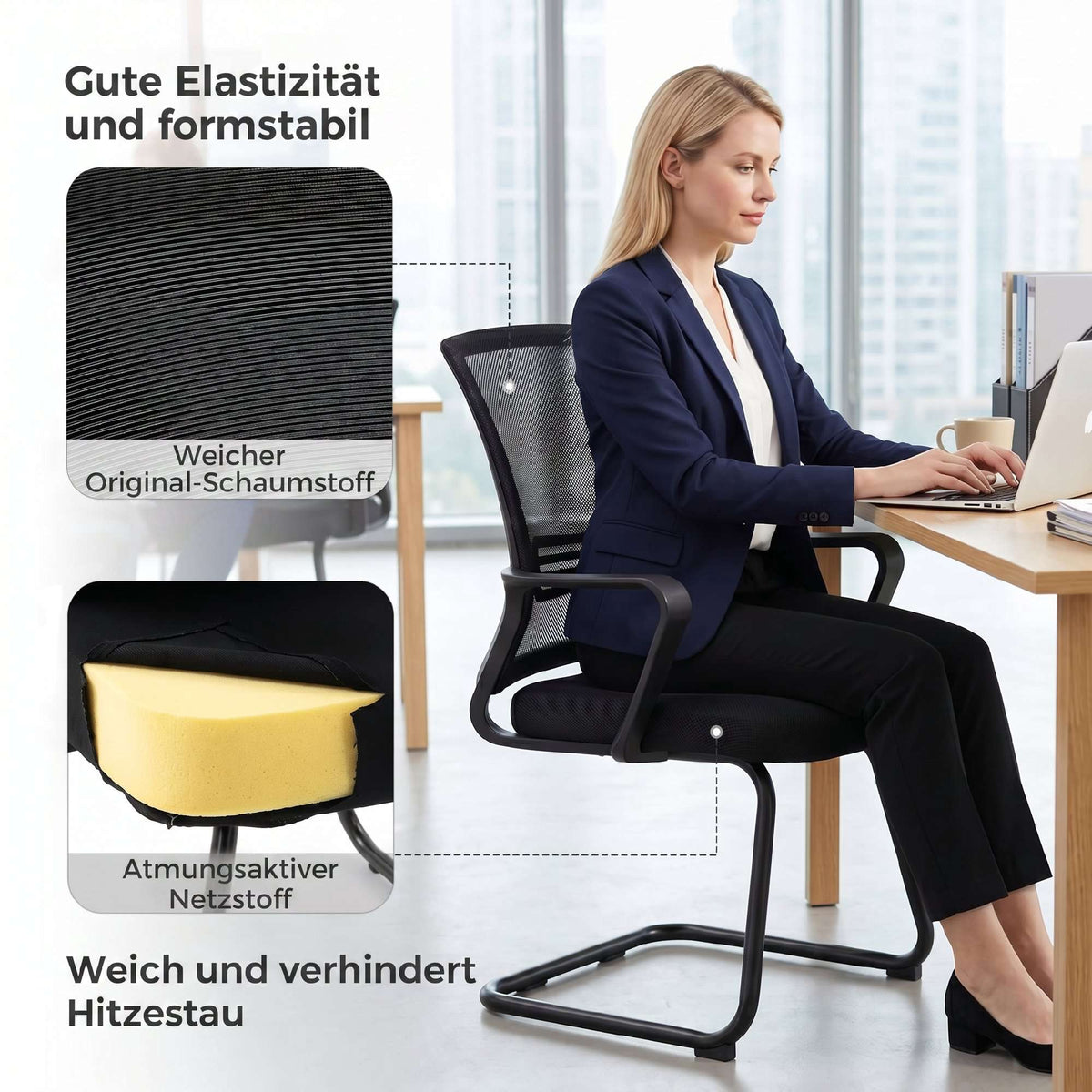 Set of 2 Ergonomic Black Conference Chairs with Sled Base