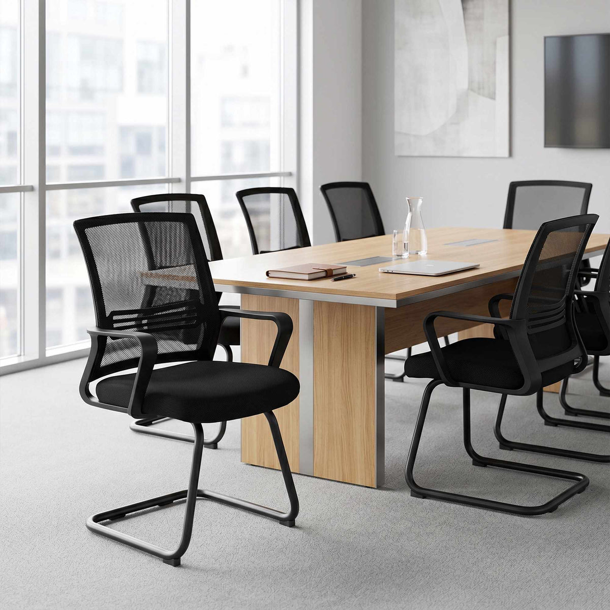 Set of 2 Ergonomic Black Conference Chairs with Sled Base