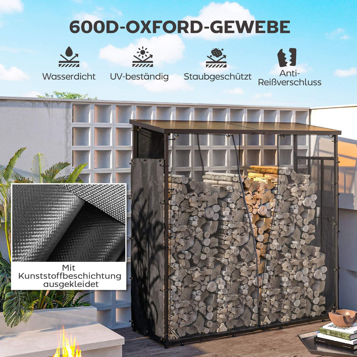 Set of 2 Firewood Rack Covers, 148 x 62 cm, Waterproof 600D Oxford, UV Protection, Firewood Rack Cover, for Firewood Rack 62-66D x 185H cm, Black